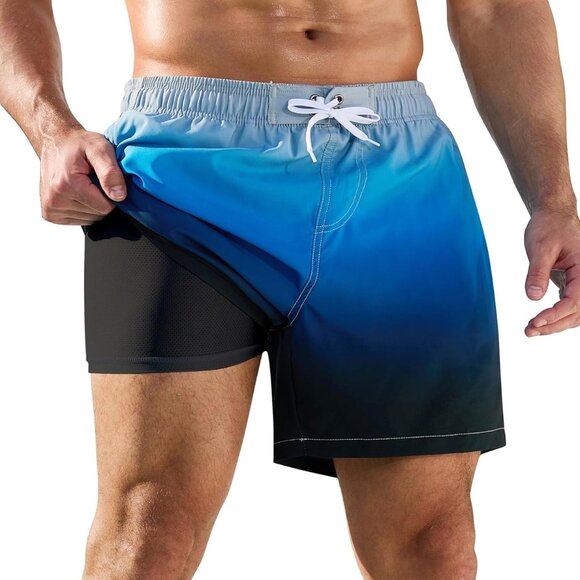 Mens Swimming Trunks 2 in 1 Quick Dry Bathing Suit Elastic Waist Beach Shorts wi